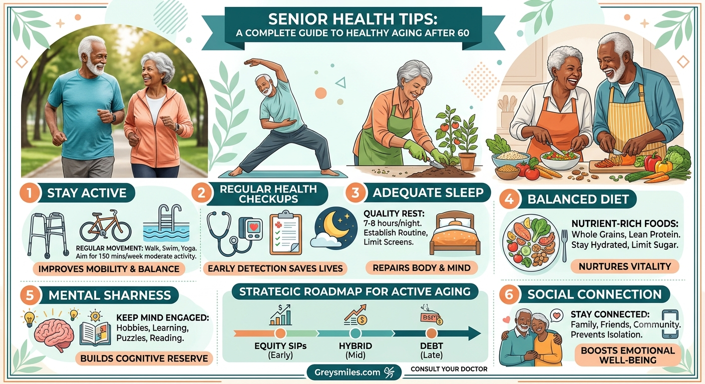 Essential senior health tips for active aging after 60, showing wellness habits like physical activity, routine checkups, sleep, and balanced nutrition.