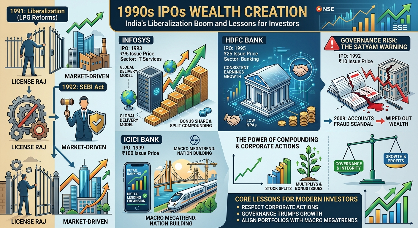 Comprehensive infographic illustrating 1990s IPO wealth creation, key company returns, corporate governance lessons, and market liberalization in India.