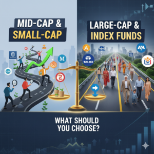 A comparison graphic showing Large-Cap and Index funds as a solid foundation (Banyan tree) versus Mid-Cap and Small-Cap funds as fast-growing saplings, representing risk and reward in the Indian stock market.