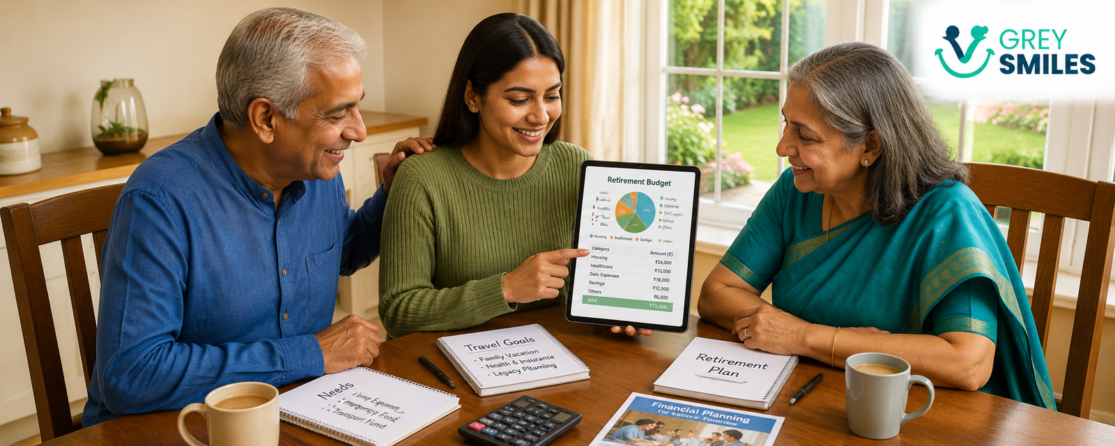 Young Indian woman helping her parents plan for retirement at home