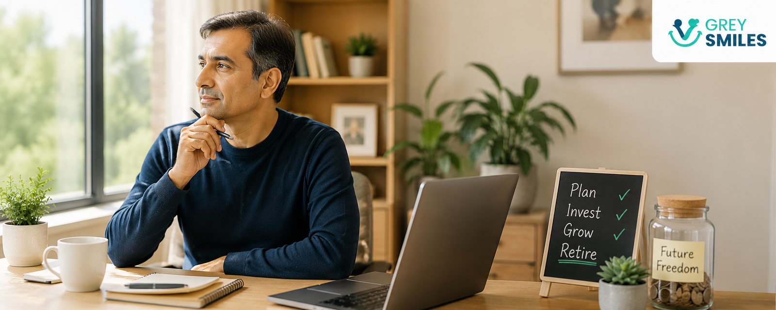 Middle-aged Indian man planning retirement investments at home
