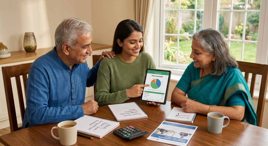 A young Indian woman reviewing a digital retirement budget on a tablet with her senior parents at a dining table.