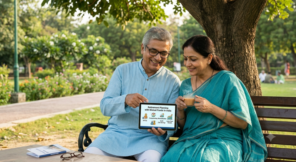 An Indian couple sitting on a park bench reviewing a mutual funds retirement plan on a tablet computer.