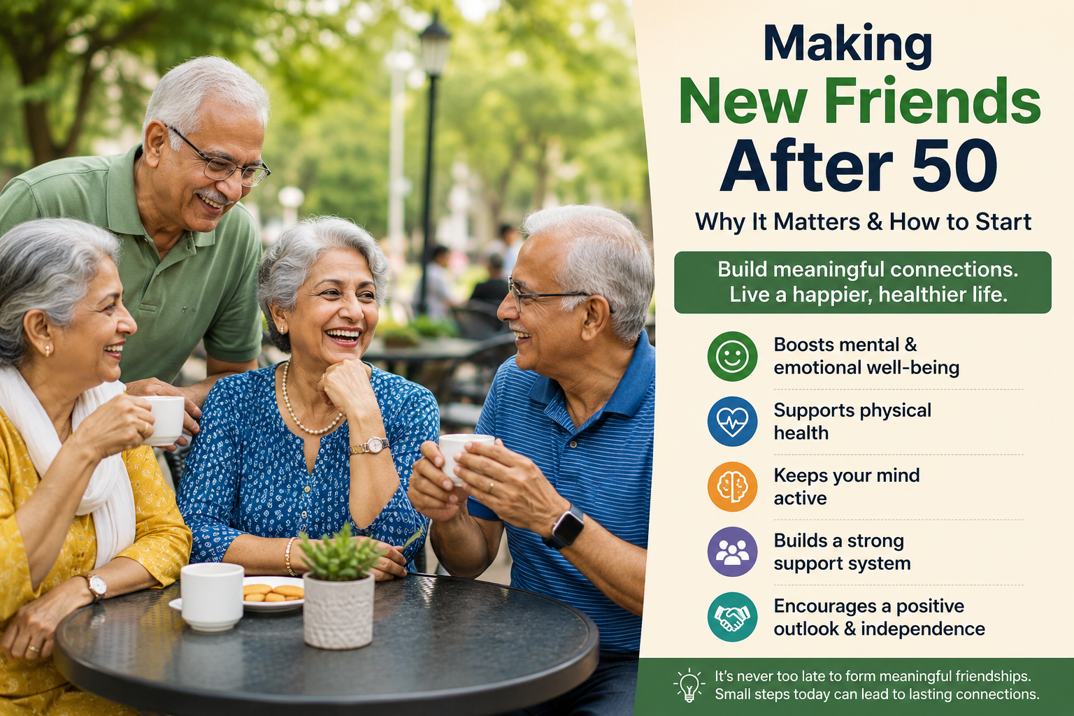 Indian seniors making new friends after 50 while enjoying tea together in a park