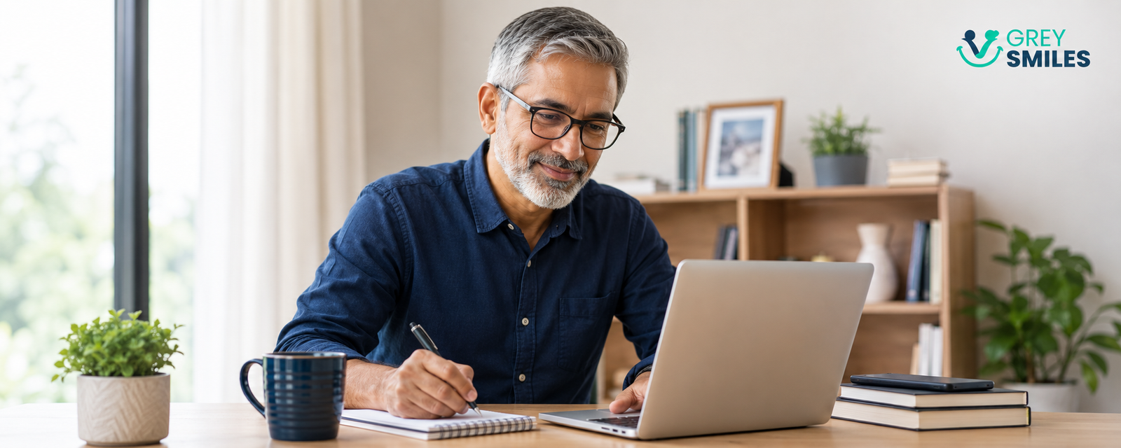 Professional in his 50s learning new skills while working on a laptop