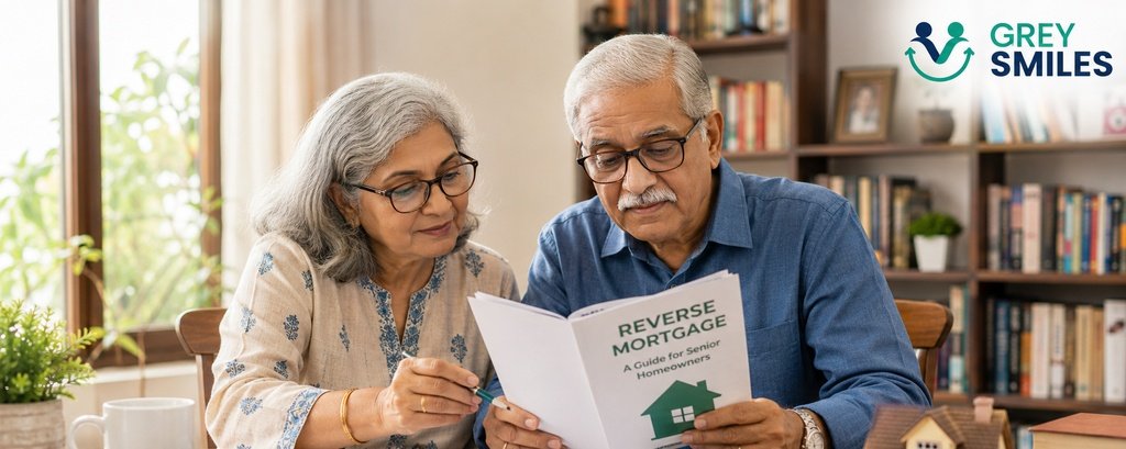 Indian senior couple reviewing reverse mortgage documents at home