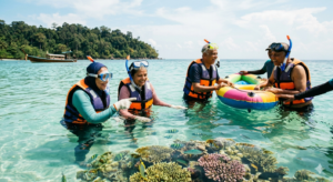 A group of happy elderly Indian senior citizens wearing life jackets and snorkeling gear, enjoying guided water sports in clear tropical water over a vibrant coral reef.