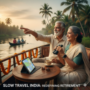 An active Indian senior couple in premium travel attire standing on a scenic balcony overlooking a lush landscape, representing modern lifestyle travel for the elderly in India.
