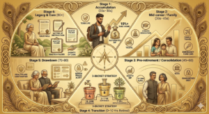 Infographic displaying the 6 stages of retirement planning in India, including accumulation, consolidation, the 3-bucket strategy, and late-stage legacy care