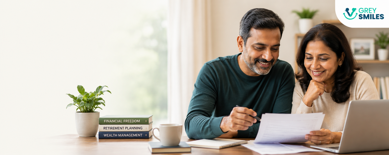 Indian couple reviewing their retirement savings and financial plan