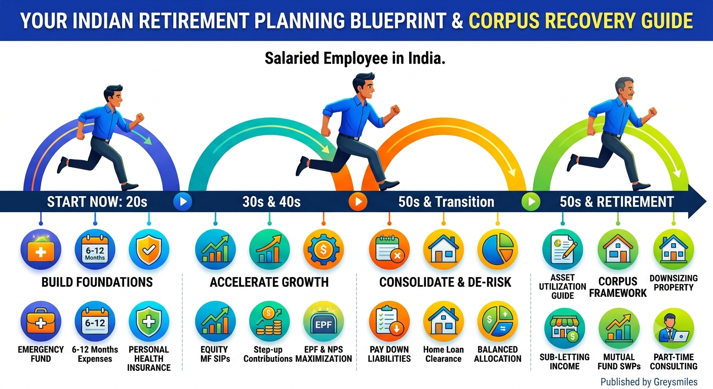 A complete infographic guide to retirement planning for salaried employees in India, showing a timeline from 20s to retirement with three running men and distinct columns of icons for building foundations, accelerating growth, de-risking, and asset utilization.