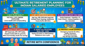 Infographic titled Ultimate Retirement Planning for Indian Salaried Employees detailing a six-step financial roadmap including why to plan early, setting retirement goals, calculating target corpus via the 25x rule, building wealth with EPF, NPS, PPF, and mutual fund SIPs, shifting asset allocation using the 100 minus age rule, and protecting savings with health insurance and emergency funds.