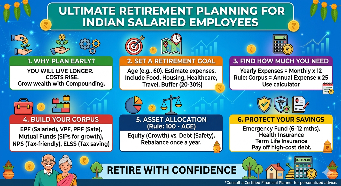 Infographic titled Ultimate Retirement Planning for Indian Salaried Employees detailing a six-step financial roadmap including why to plan early, setting retirement goals, calculating target corpus via the 25x rule, building wealth with EPF, NPS, PPF, and mutual fund SIPs, shifting asset allocation using the 100 minus age rule, and protecting savings with health insurance and emergency funds.