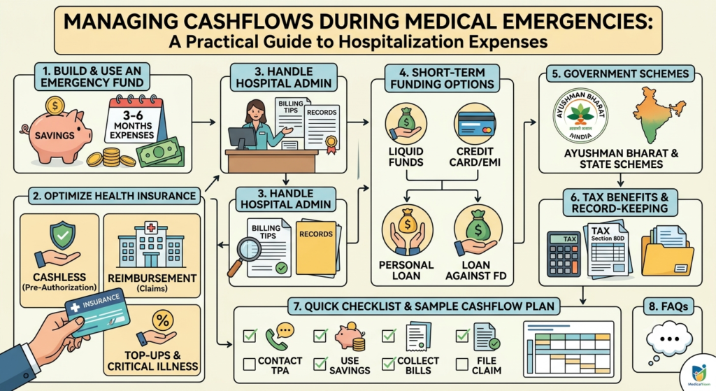 Comprehensive infographic chart outlining 8 steps to manage hospitalization cashflows and medical expenses in India, including insurance, emergency funds, and loans.