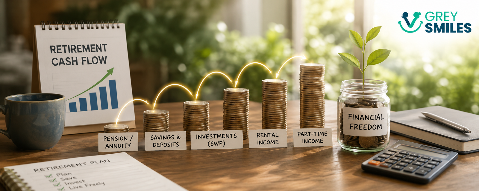 Retirement cash flow from pension savings investments rental and part-time income