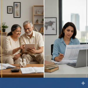 A split-screen image of an elderly Indian couple planning retirement together on a tablet and a single Indian woman reviewing financial documents at her desk