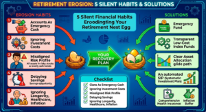 A comprehensive vector infographic illustrating the core concepts from the article "5 Silent Financial Habits Eroding Your Retirement Nest Egg." The image is titled 'RETIREMENT EROSION: 5 SILENT HABITS & SOLUTIONS'. It features a visual flow where five destructive habits—depicted with red icons such as a hand taking money from a piggy bank ('Accounts As Emergency Cash') or gears clogged with fees ('Ignoring Investment Costs')—lead toward a small, shrinking nest egg. Arrows show that by applying five practical 'SOLUTIONS' on the right, including 'Emergency Fund', 'Low-Cost Index Funds', 'Clear Asset Allocation', 'Automated SIP', and 'Health Insurance/Inflation Buffer', investors can achieve a large, thriving nest egg. The graphic also integrates the core concepts into a central 'YOUR RECOVERY PLAN' with a checklist box at the bottom.