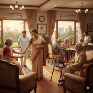 An Indian family sitting on a sofa, a son showing his aging parents a digital tablet with images of a modern assisted living facility in India, illustrating a compassionate conversation.