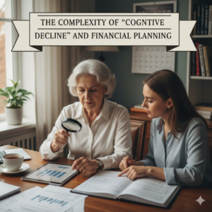 An older woman and her adult daughter or advisor managing finances together. The image features the headline 'The Complexity of Cognitive Decline and Financial Planning' and highlights the collaborative nature of late-life financial management."