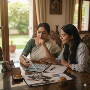 An Indian mother in a saree and her daughter sitting at a wooden table, reviewing financial retirement charts and a digital tablet together.