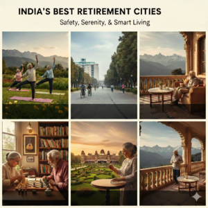 Grid showing senior citizens enjoying retirement in various Indian cities: yoga in the mountains, walking in a clean city, playing chess, and painting near a heritage palace