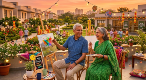 A happy Indian senior couple painting together on a sunlit terrace of a modern active aging community, surrounded by festive marigolds and art supplies, symbolizing a worry-free retirement