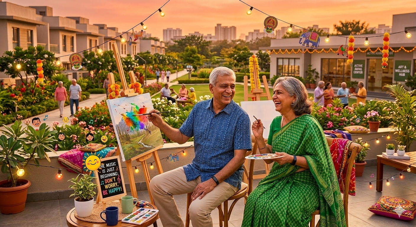 A happy Indian senior couple painting together on a sunlit terrace of a modern active aging community, surrounded by festive marigolds and art supplies, symbolizing a worry-free retirement