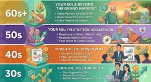 an infographic illustrating the four stages of retirement planning in india, starting from 30s with aggressive SIP and term insurance, moving to debt reduction in 40s, 50s for de-resking, and 60s for systematic withdrawal and financial freedom