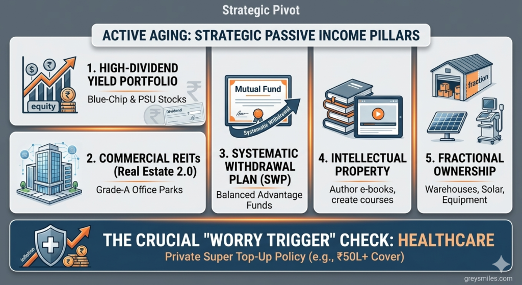 An infographic for Indian retirees showing five passive income pillars: Dividend portfolios, Commercial REITs, Systematic Withdrawal Plans (SWP), Intellectual Property creation, and Fractional Ownership, underscored by a healthcare inflation protection shield