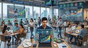 Modern Indian professional in a high-tech office tracking a 2045 Freedom Fund SIP growth chart with digital overlays of inflation data and skill-pivot strategies