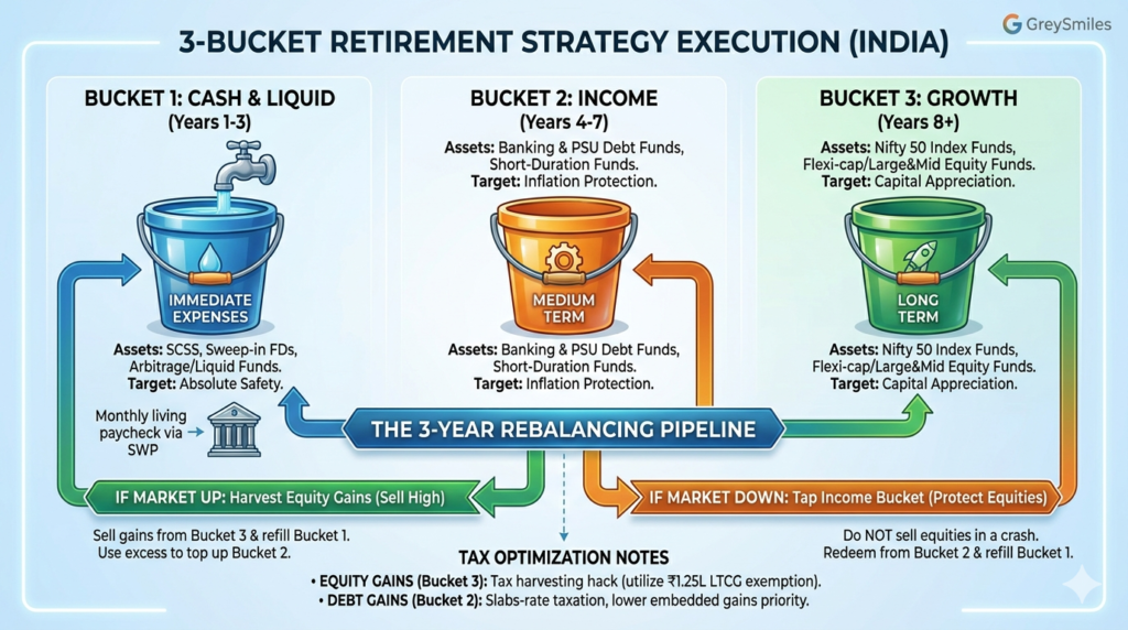 Infographic explaining the 3-Bucket retirement strategy execution in India, showing cash routing pipelines from equity to liquid mutual funds based on stock market conditions.
