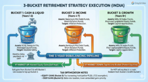 Infographic explaining the 3-Bucket retirement strategy execution in India, showing cash routing pipelines from equity to liquid mutual funds based on stock market conditions.