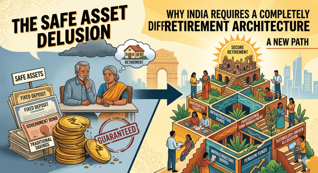 An infographic contrasting the 'Safe Asset Delusion' of traditional Indian savings like fixed deposits with a modern, diversified retirement architecture featuring equity and infrastructure bonds.