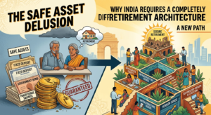 An infographic contrasting the 'Safe Asset Delusion' of traditional Indian savings like fixed deposits with a modern, diversified retirement architecture featuring equity and infrastructure bonds.