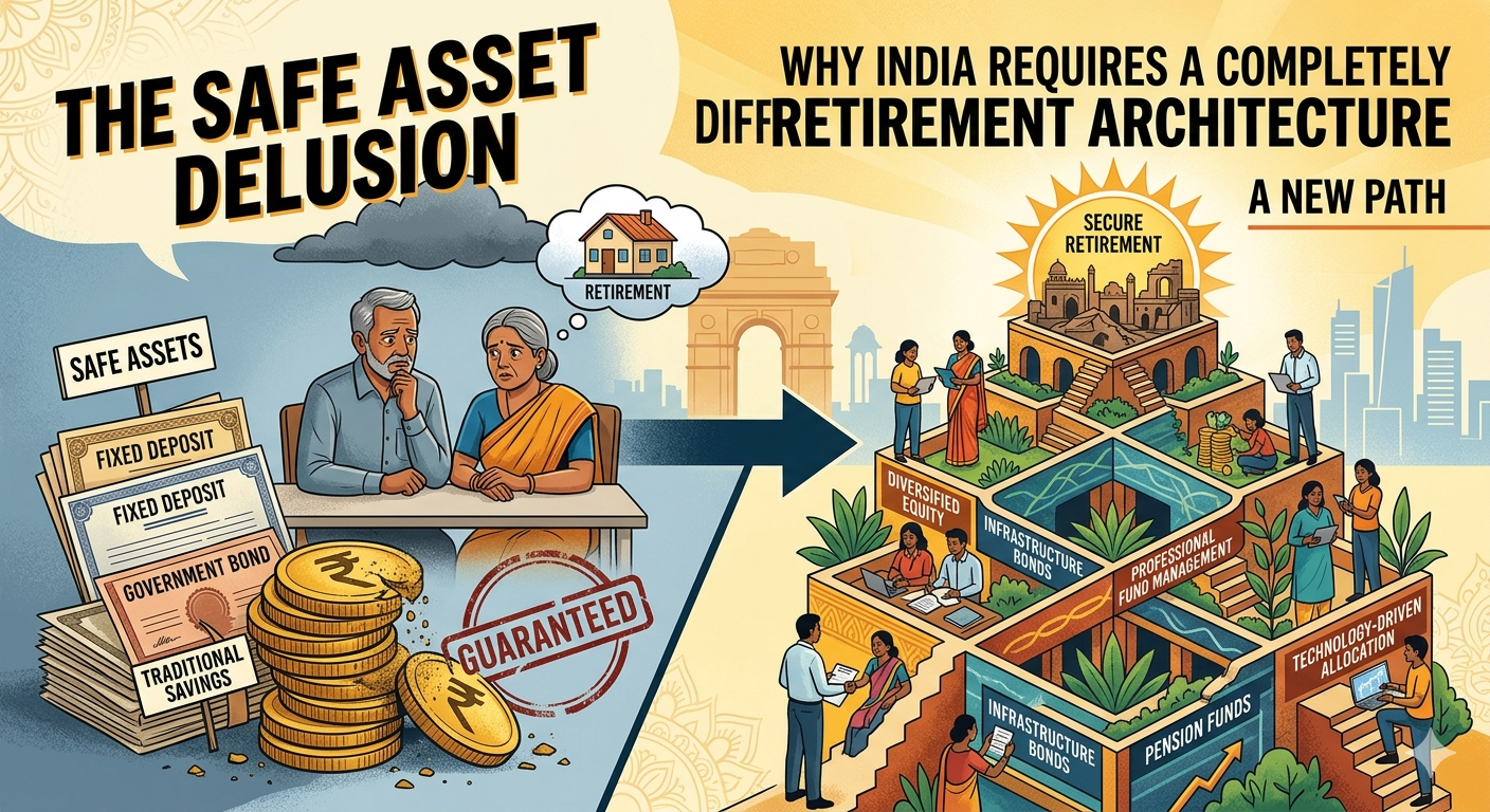 An infographic contrasting the 'Safe Asset Delusion' of traditional Indian savings like fixed deposits with a modern, diversified retirement architecture featuring equity and infrastructure bonds.