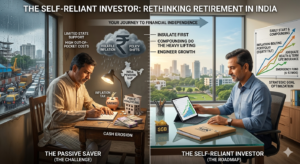 Infographic comparing a passive saver facing inflation and the pension gap with a self-reliant investor using SIPs and health insurance for retirement planning in India.