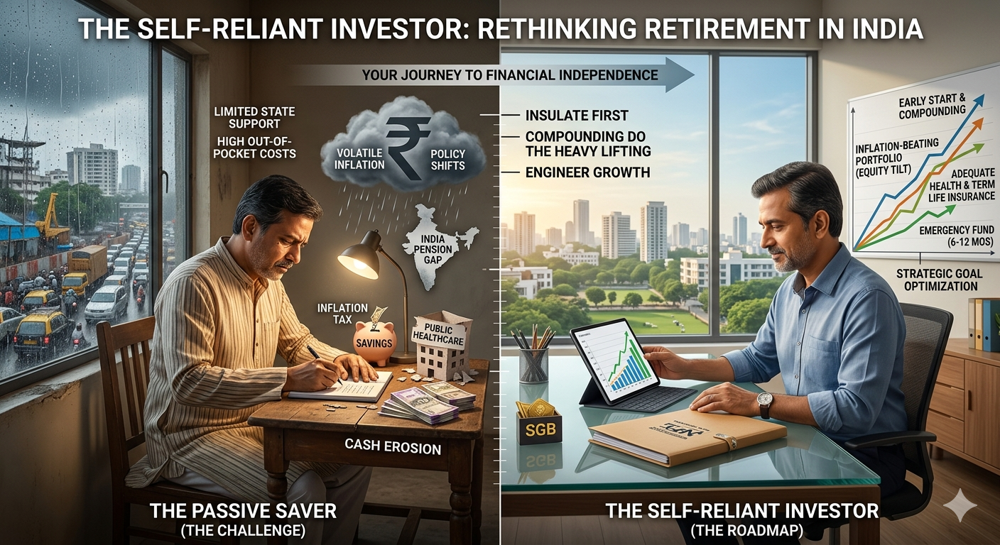 Infographic comparing a passive saver facing inflation and the pension gap with a self-reliant investor using SIPs and health insurance for retirement planning in India.