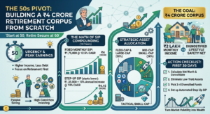 Infographic illustrating a retirement planning blueprint to build a ₹4 Crore corpus starting at age 50 using equity mutual fund SIPs in India." title="The 50s Pivot: ₹4 Crore Retirement Corpus Blueprint"