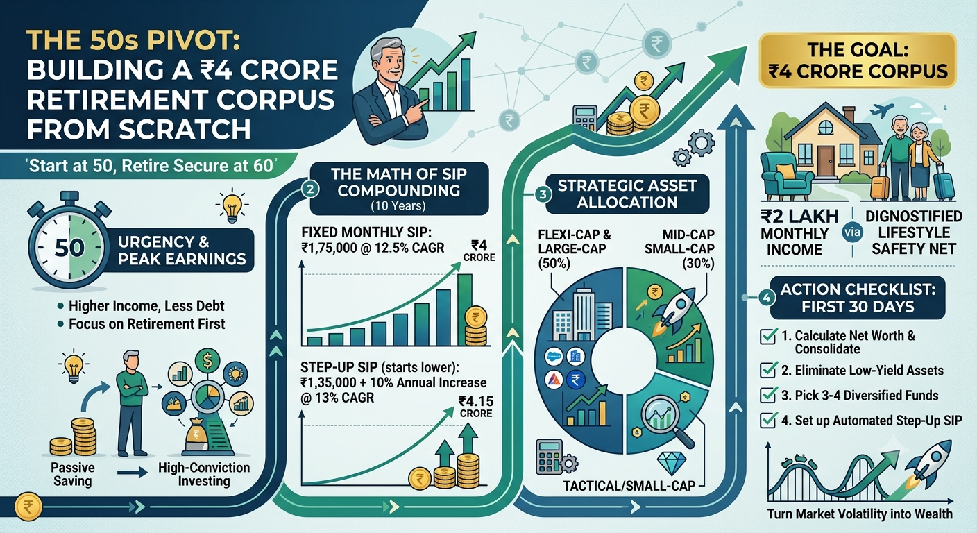 Infographic illustrating a retirement planning blueprint to build a ₹4 Crore corpus starting at age 50 using equity mutual fund SIPs in India." title="The 50s Pivot: ₹4 Crore Retirement Corpus Blueprint"