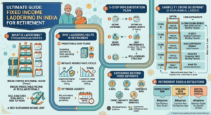 Infographic detailing a fixed income laddering strategy for Indian retirees, featuring a 5-year sample 1 Crore blueprint with SCSS, Bank FDs, Corporate Bonds, and G-Secs."
