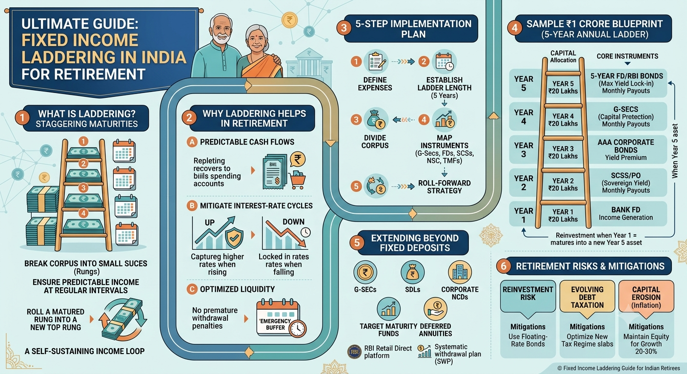 Infographic detailing a fixed income laddering strategy for Indian retirees, featuring a 5-year sample 1 Crore blueprint with SCSS, Bank FDs, Corporate Bonds, and G-Secs."