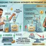Infographic titled Bridging the Indian Women's Retirement Gap comparing a male peer's linear 35-year career path with continuous EPF and NPS contributions against a woman's reality showing a 40% shortfall due to fragmented incomes, caregiving breaks, and wage penalties.