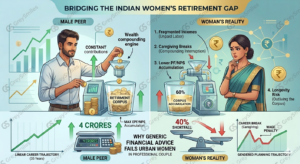 Infographic titled Bridging the Indian Women's Retirement Gap comparing a male peer's linear 35-year career path with continuous EPF and NPS contributions against a woman's reality showing a 40% shortfall due to fragmented incomes, caregiving breaks, and wage penalties.