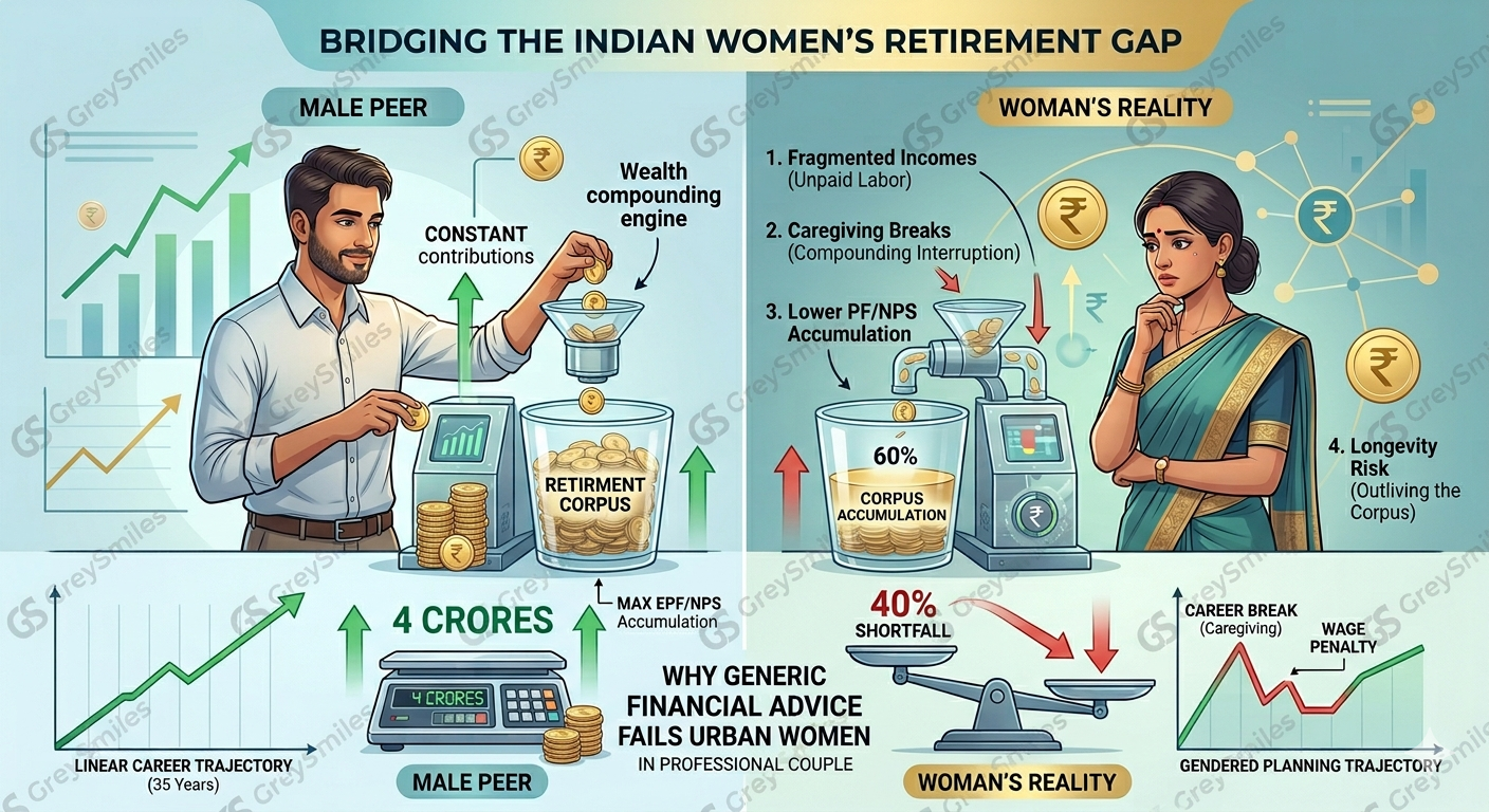Infographic titled Bridging the Indian Women's Retirement Gap comparing a male peer's linear 35-year career path with continuous EPF and NPS contributions against a woman's reality showing a 40% shortfall due to fragmented incomes, caregiving breaks, and wage penalties.