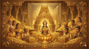Indian family with traditional gold lockers and a rising financial growth graph representing the shift from jewelry to sovereign gold assets for retirement.