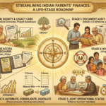 Comprehensive infographic checklist detailing a life-stage roadmap to streamline Indian parents' finances, highlighting document audits, name mismatch fixes, and joint account setups.