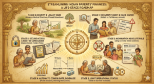 Comprehensive infographic checklist detailing a life-stage roadmap to streamline Indian parents' finances, highlighting document audits, name mismatch fixes, and joint account setups.