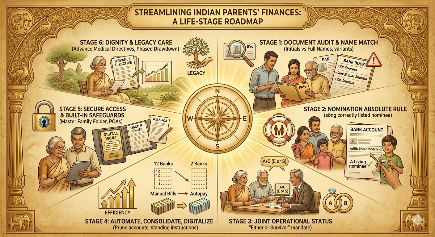 Comprehensive infographic checklist detailing a life-stage roadmap to streamline Indian parents' finances, highlighting document audits, name mismatch fixes, and joint account setups.