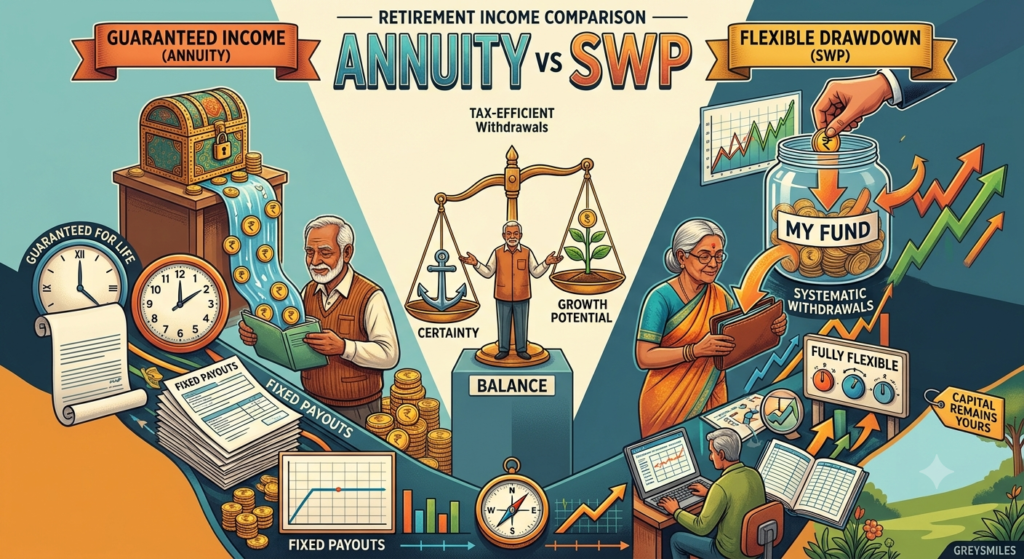 A simplified illustration comparing Annuity and SWP retirement income models. The Annuity side features a steady flow of coins (fixed income), while the SWP side shows a fluctuating graph and dynamic withdrawals (variable income and growth).