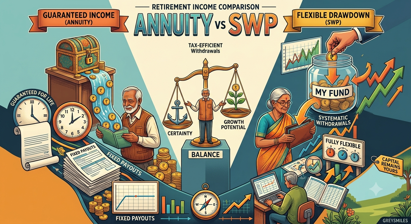 A simplified illustration comparing Annuity and SWP retirement income models. The Annuity side features a steady flow of coins (fixed income), while the SWP side shows a fluctuating graph and dynamic withdrawals (variable income and growth).
